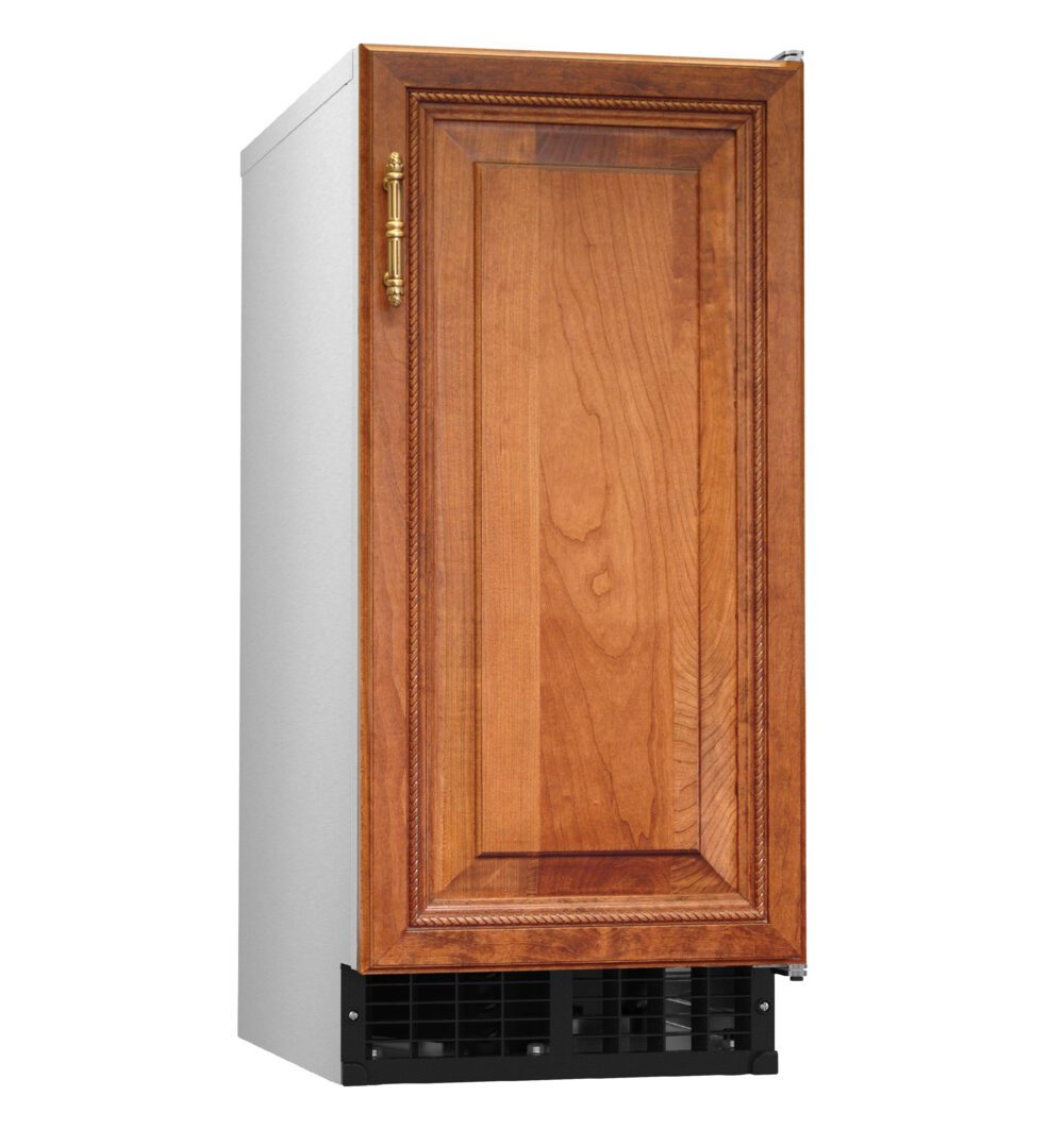 A Cube-Style Hoshizaki ice maker with a paneled wooden door, brass handle, and vented black base. The wood door features decorative molding, blending in with kitchen cabinetry. Stainless steel sides complete this elegant appliance.