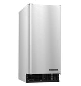 A sleek, stainless steel Hoshizaki under-counter cube-style ice maker with a smooth door, vented black grille at the bottom, and subtle branding near the lower right corner. The appliance features a modern, rectangular design and minimalist appearance.