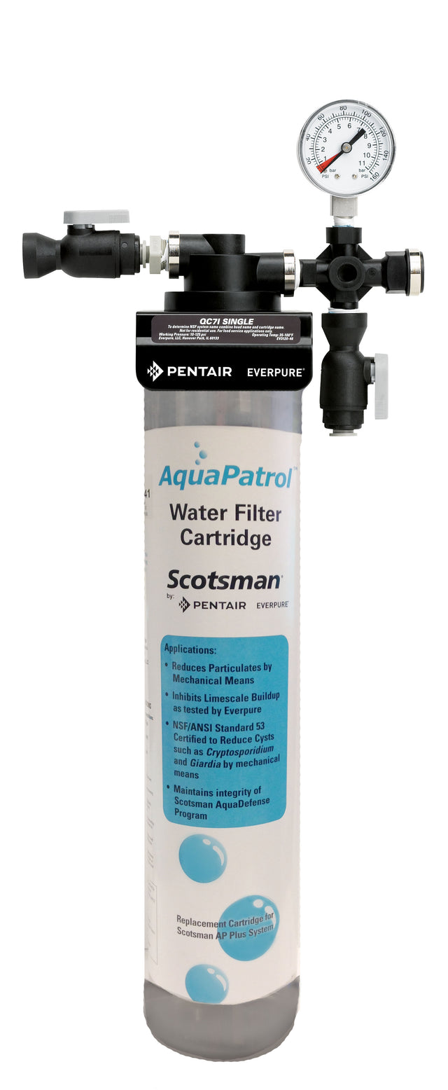 A vertical tube-shaped Scotsman AquaPatrol ice machine filter by Pentair Everpure for your water filtration system. It features a pressure gauge, black valve fittings on top, and white, blue, and black labeling with specs and instructions.
