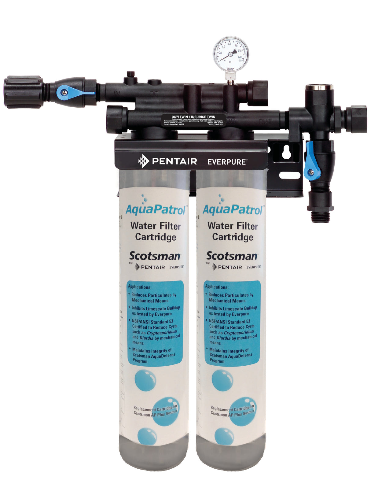 A dual canister water filtration system labeled “AquaPatrol Water Filter Cartridge” by Scotsman, featuring transparent lower cartridges and a black control unit with a pressure gauge. The Pentair Everpure brand is also visible on this AquaPatrol Plus system.