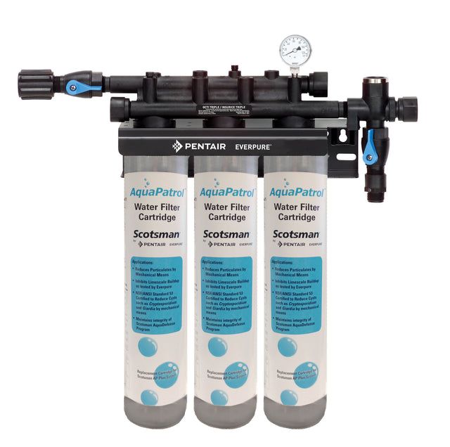A triple-stage AquaPatrol Plus Water Filtration System labeled Pentair Everpure, designed for cubers over 1, features three Scotsman-branded vertical filter cartridges, a pressure gauge on top, and multiple inlet/outlet valves and connectors.