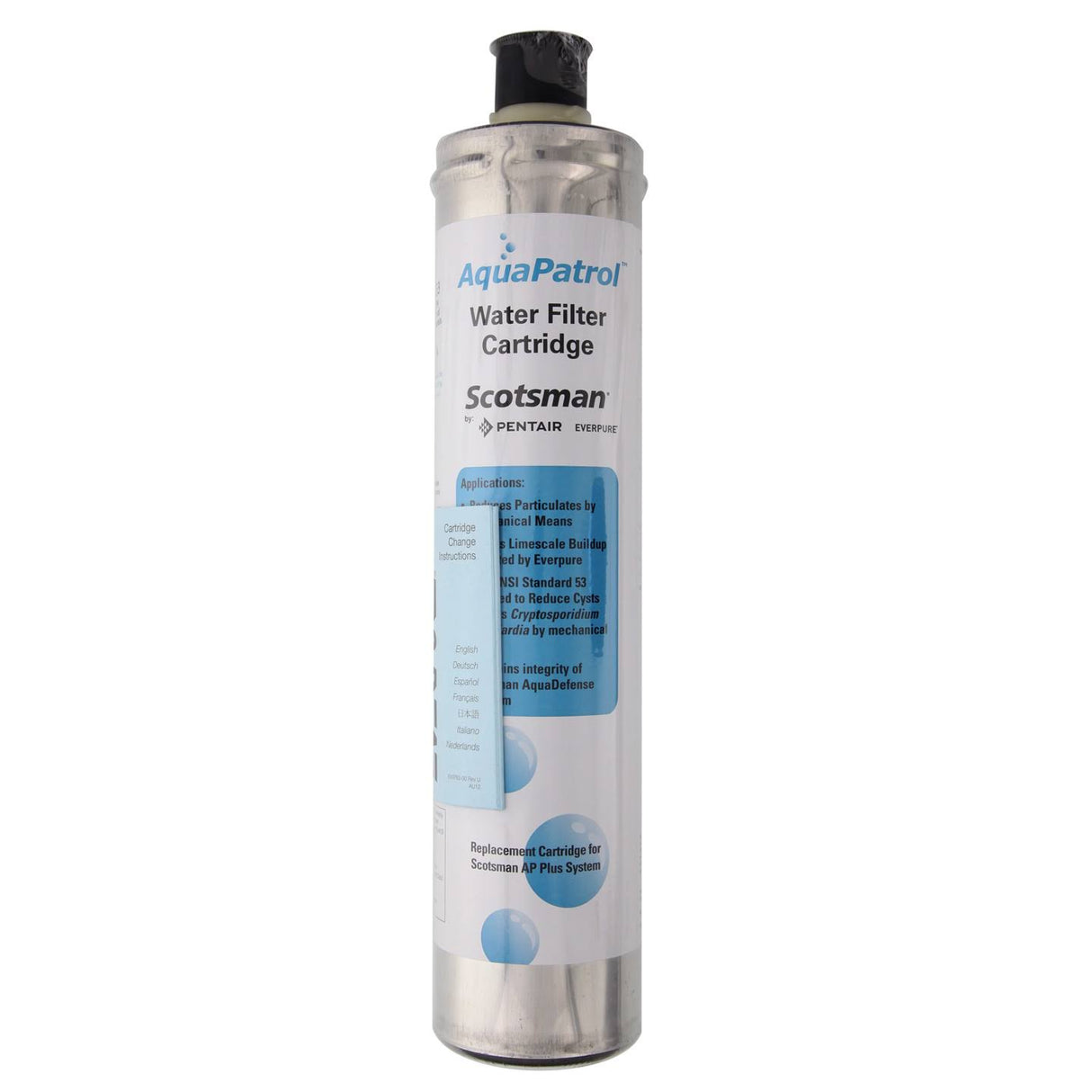 A cylindrical AquaPatrol Plus Water Filter cartridge for Scotsman by Pentair Everpure, featuring a silver body and black cap. The label displays blue and black text with application details and Water Filter Replacement info for the Scotsman AQ Plus System.