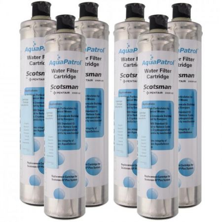 Six cylindrical AquaPatrol Plus Scotsman water filter replacement cartridges stand upright in two rows. Each filter features a silver body with a blue and white label, black cap, and clear product information and branding in blue and black text.