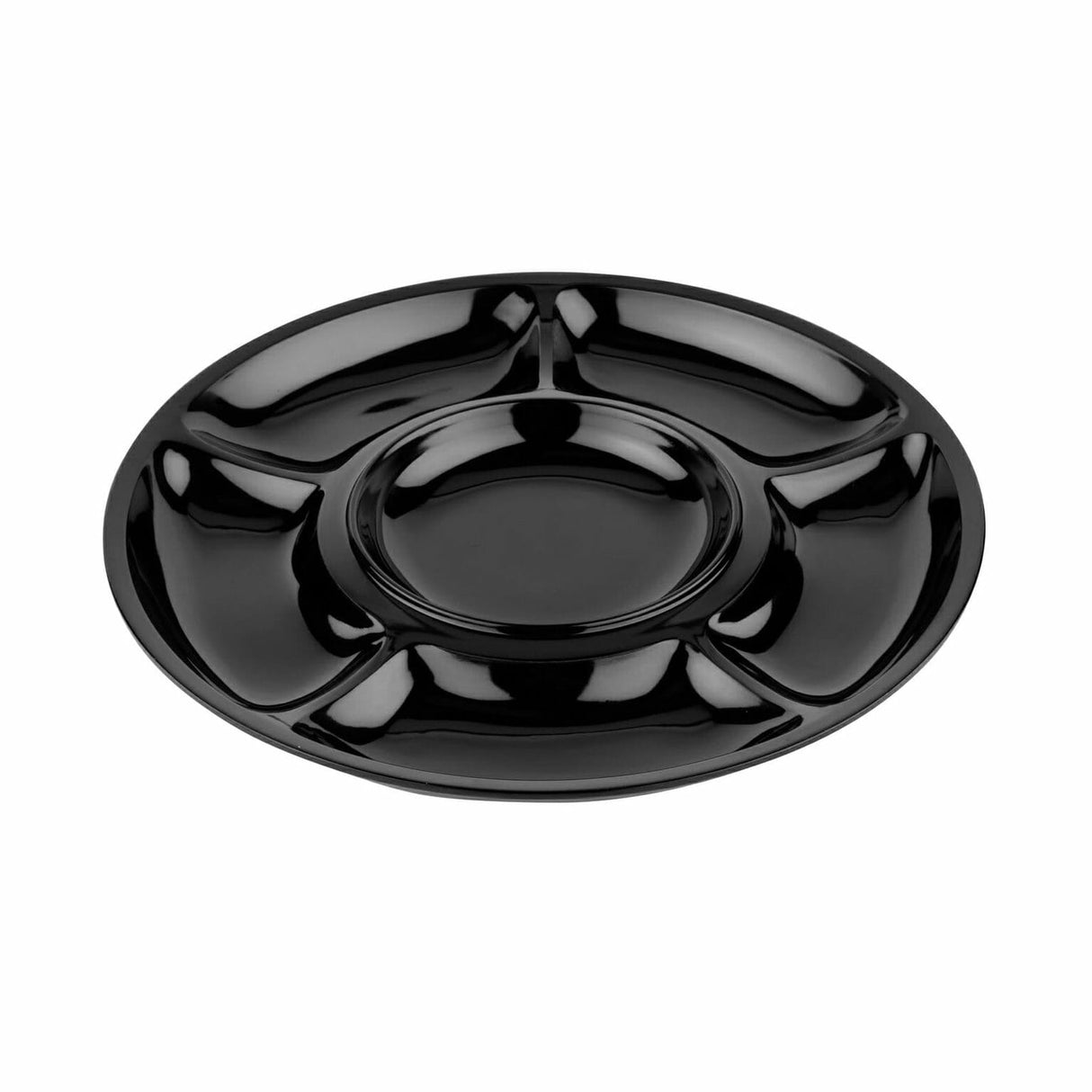 A glossy black melamine plate with five outer compartments arranged in a circle around a central round section, placed against a plain white background. This break-resistant tray is perfect for serving different snacks or dips.