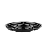 A glossy black melamine compartment plate featuring a central round section and four surrounding compartments, designed for organizing and serving snacks or appetizers. This break-resistant plate is displayed on a white background.