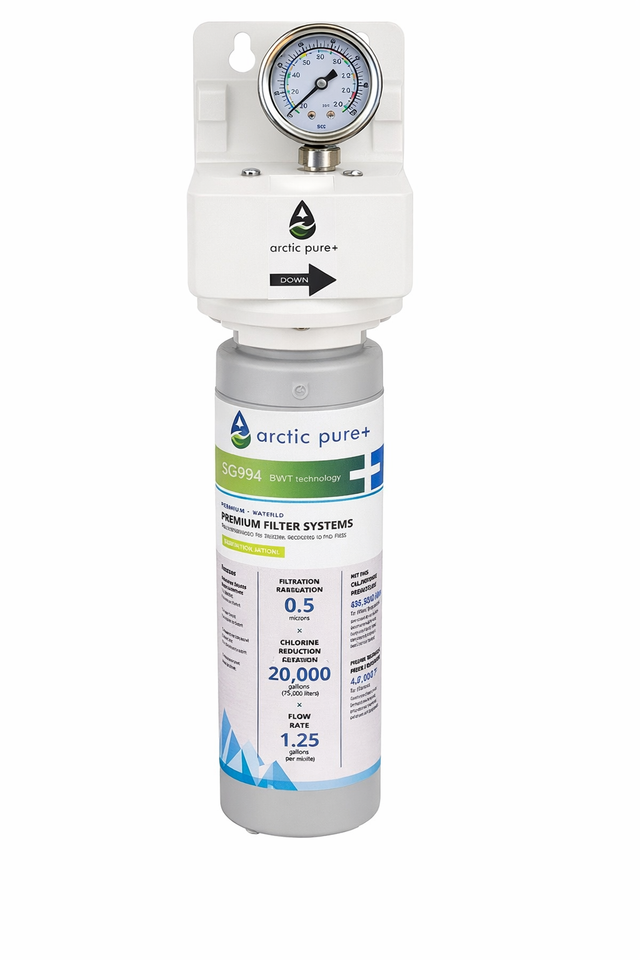 A white Arctic Pure Plus water filtration system with a pressure gauge on top. The label shows product details, including the SG994 model, 20,000 gallon capacity, filtration specs, and blue and green accents. Designed for wall mounting.