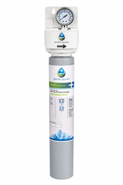 A cylindrical Koolaire Arctic Pure Plus Pre-Filter cartridge with a pressure gauge on top. The label features blue mountain graphics, icons, and specs. This mostly white and gray filter offers 5 micron filtration with green and blue accents.