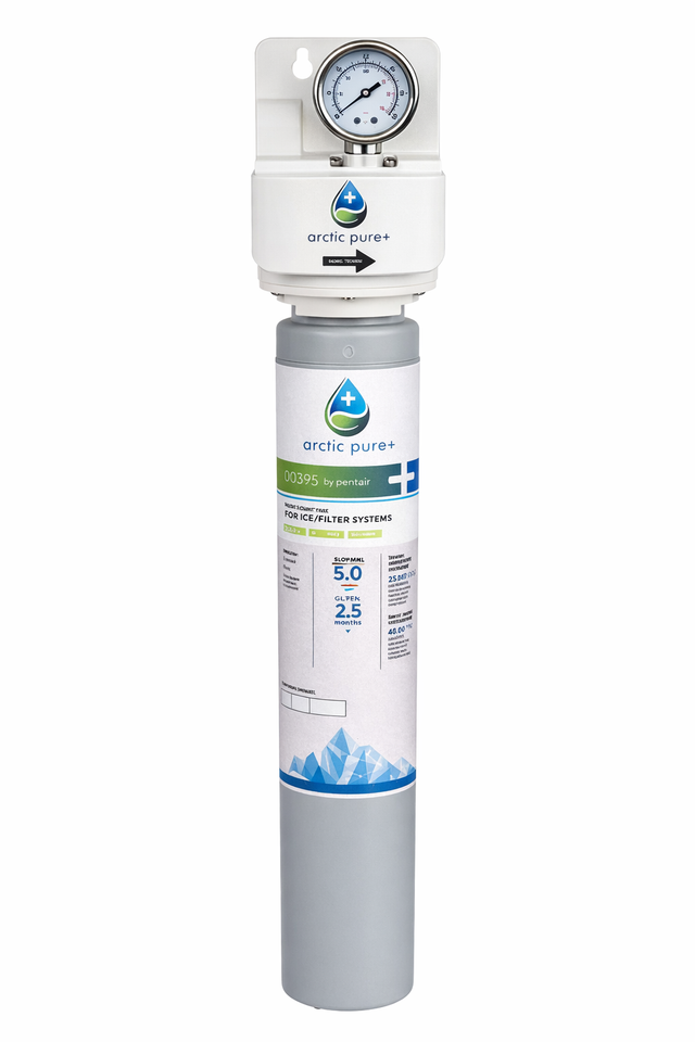 A cylindrical Koolaire Arctic Pure Plus Pre-Filter cartridge with a pressure gauge on top. The label features blue mountain graphics, icons, and specs. This mostly white and gray filter offers 5 micron filtration with green and blue accents.