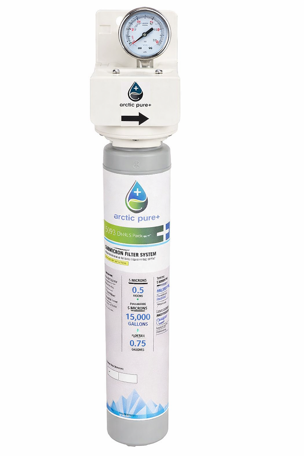 A cylindrical Arctic Pure Plus ice machine filter system with a white top featuring a pressure gauge. The label shows specifications: 0.5 micron, 15,000 gallons, and a blue water drop logo. Mostly white with blue and gray accents.