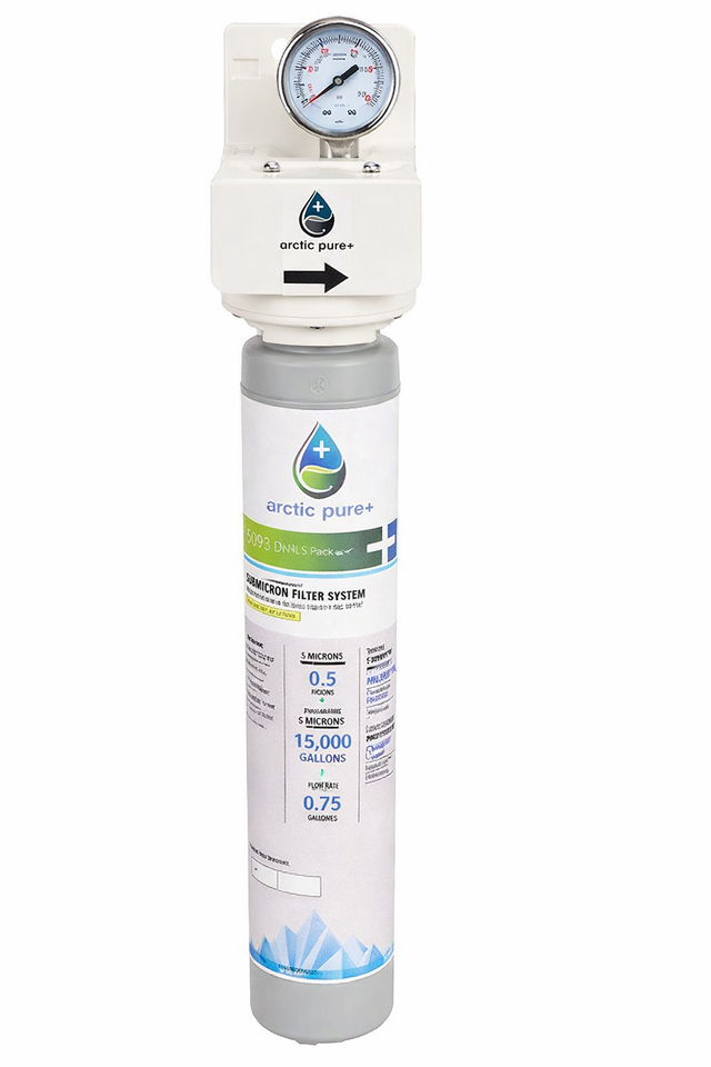 A cylindrical Arctic Pure Plus ice machine filter system with a white top featuring a pressure gauge. The label shows specifications: 0.5 micron, 15,000 gallons, and a blue water drop logo. Mostly white with blue and gray accents.
