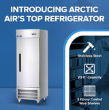 Promotional image for Arctic Air’s top commercial refrigerator. On the left is a tall, stainless steel reach-in refrigerator on wheels. On the right, features are listed: stainless steel, 23 ft³ capacity, and 3 epoxy coated wire shelves. Blue and white color scheme.