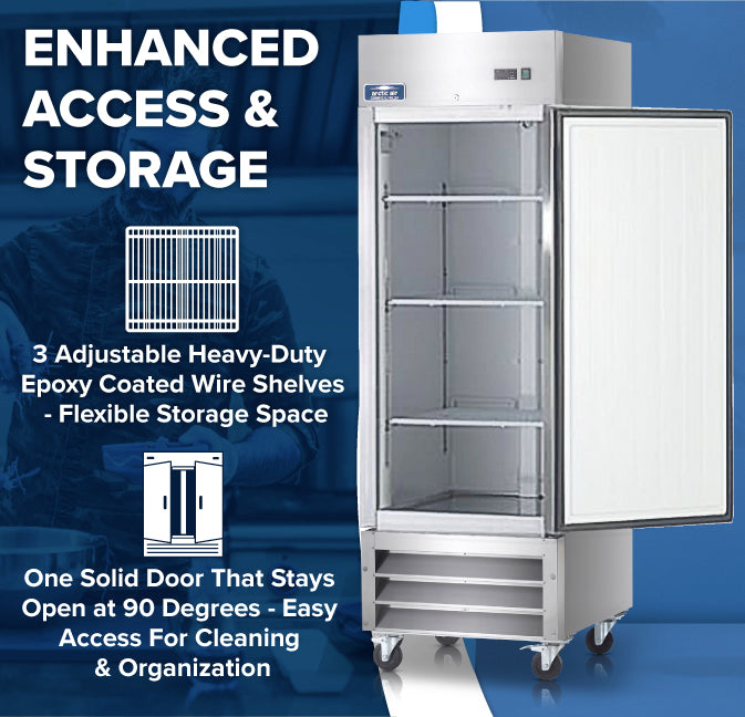 A commercial reach-in refrigerator stands open on casters, showing three adjustable epoxy-coated wire shelves. Text highlights features: “Enhanced Access & Storage,” “Flexible Storage Space,” and a solid door that stays open at 90 degrees.