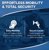 A man mixes ingredients in a kitchen near a stainless steel refrigerator. The text reads: Effortless Mobility & Total Security. Icons highlight Easy Mobility with four 5.5-inch casters and locks, plus Secure Locks with a hinged self-closing door and field-reversible locks.