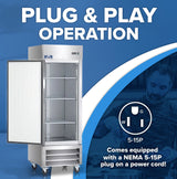 A commercial reach-in refrigerator with its door open stands on caster wheels. Large text reads “PLUG & PLAY OPERATION.” An icon shows a 5-15P plug. Caption: “Comes equipped with a NEMA 5-15P plug on a power cord!” A faint image of a man is in the background.