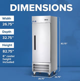 A tall stainless steel commercial refrigerator on wheels is shown against a blue background. Text displays its dimensions: width 26.75 inches, depth 32.75 inches, and height 82.75 inches (including a 6-inch caster height).