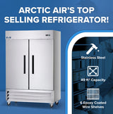 A commercial stainless steel two-section reach-in refrigerator is shown beside text listing features: Stainless Steel, 49 ft³ Capacity, and 6 Epoxy Coated Wire Shelves. The blue background features bold white text reading ARCTIC AIR’S TOP SELLING REFRIGERATOR!.