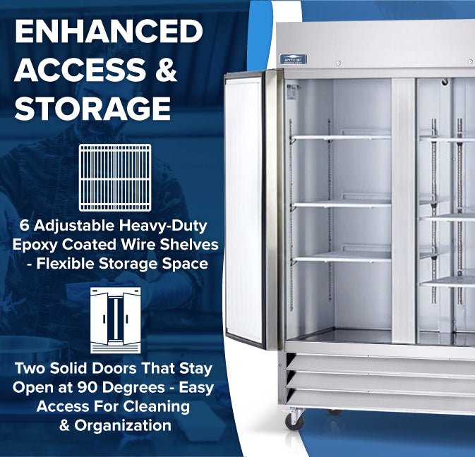 A commercial two-section reach-in refrigerator with two open solid doors reveals six adjustable wire shelves. Blue text highlights enhanced access, ENERGY STAR efficiency, shelves for easy organization, and doors that stay open at 90 degrees.