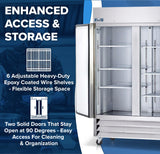 A commercial two-section reach-in refrigerator with two open solid doors reveals six adjustable wire shelves. Blue text highlights enhanced access, ENERGY STAR efficiency, shelves for easy organization, and doors that stay open at 90 degrees.