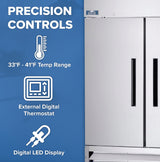 A stainless steel two-section refrigerator is shown on the right. On the left, text reads Precision Controls above icons for a thermometer, digital thermostat, and LED display: 33°F–41°F Temp Range, External Digital Thermostat, and Digital LED Display.
