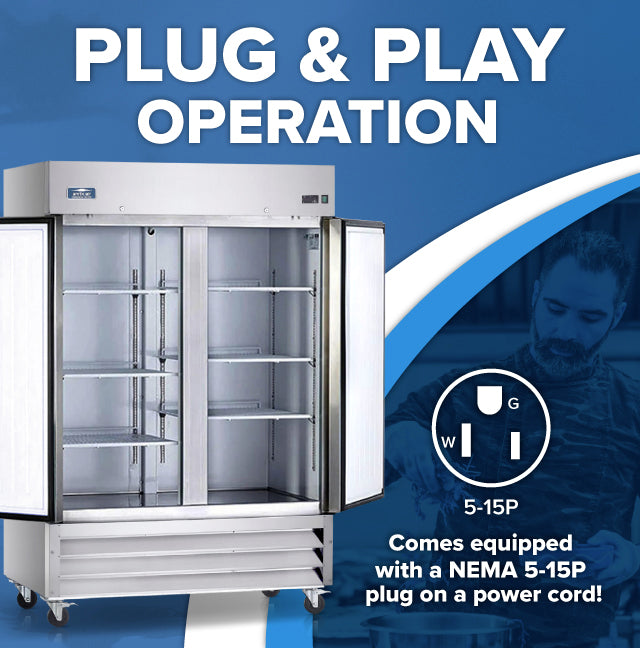 A two-section commercial refrigerator with both doors open reveals empty glass shelves. “Plug & Play Operation” is above, while below reads “Comes equipped with a NEMA 5-15P plug on a power cord!” plus a plug diagram and man’s photo in the background.