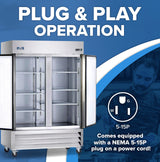 A two-section commercial refrigerator with both doors open reveals empty glass shelves. “Plug & Play Operation” is above, while below reads “Comes equipped with a NEMA 5-15P plug on a power cord!” plus a plug diagram and man’s photo in the background.