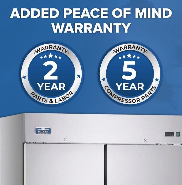 A blue banner reads “ADDED PEACE OF MIND WARRANTY” above two circular warranty badges. Below is a stainless steel Arctic Air commercial refrigerator, offering both a 2-year parts & labor and 5-year compressor parts warranty.