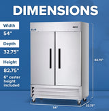 A large, two-section commercial refrigerator with stainless steel finish and two doors is shown. Text indicates its dimensions: 54 inches wide, 32.75 inches deep, and 82.75 inches high, including 6-inch caster wheels, set against a blue background.