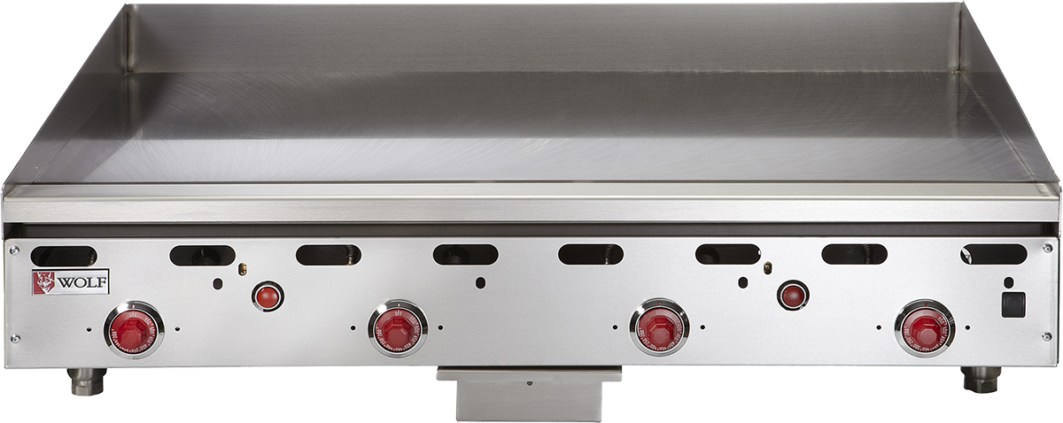 A Wolf ASA24-30_LP heavy duty gas countertop griddle featuring a flat cooking surface, four red control knobs, and raised back and sides to contain food and splatter. The commercial griddle’s Wolf logo is visible on the left.
