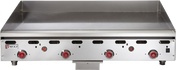 A Wolf ASA24-30_LP heavy duty gas countertop griddle featuring a flat cooking surface, four red control knobs, and raised back and sides to contain food and splatter. The commercial griddle’s Wolf logo is visible on the left.