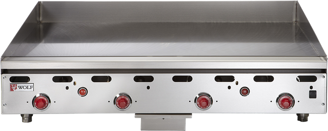 A Wolf ASA24-30_LP heavy duty gas countertop griddle featuring a flat cooking surface, four red control knobs, and raised back and sides to contain food and splatter. The commercial griddle’s Wolf logo is visible on the left.