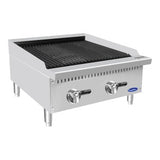 A stainless steel CookRite Charbroiler with two control knobs, grill grates on top, and four short legs. This countertop charbroiler features a clean, industrial design suitable for professional kitchens. A small blue and white logo is visible on the front.