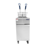 A commercial stainless steel deep fryer with 40 lb capacity and two metal frying baskets, each with a blue handle, resting on top. The fryer has a single door, is mounted on four wheels for mobility, and is suitable for LP gas operation.