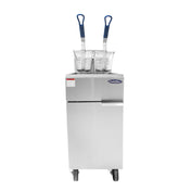 A commercial stainless steel deep fryer with 40 lb capacity and two metal frying baskets, each with a blue handle, resting on top. The fryer has a single door, is mounted on four wheels for mobility, and is suitable for LP gas operation.