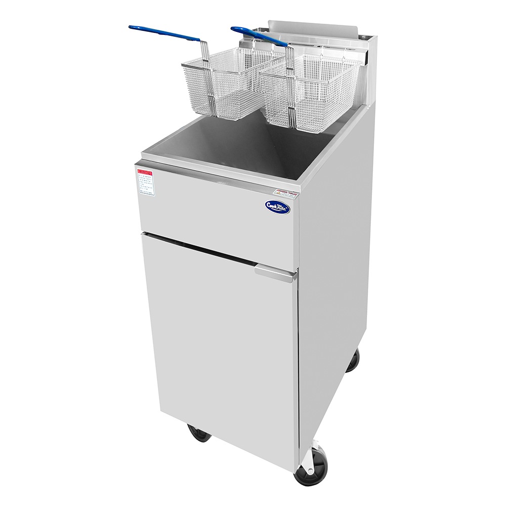 A CookRite Fryer with 35 lb. capacity, this commercial LP gas fryer features two metal baskets with blue handles on top. The stainless steel unit includes a front door, four black wheels, and is set against a plain white background.