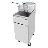 A CookRite Fryer with 35 lb. capacity, this commercial LP gas fryer features two metal baskets with blue handles on top. The stainless steel unit includes a front door, four black wheels, and is set against a plain white background.