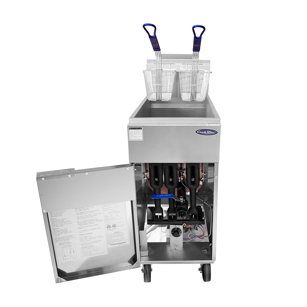 A commercial deep fryer with 40 lb capacity features two wire baskets in the top compartment. The front lower door is open, showing internal LP gas components and wiring. The unit is mobile on wheels and has a factory label on the front.