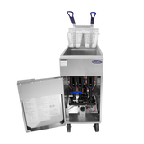 A commercial deep fryer with 40 lb capacity features two wire baskets in the top compartment. The front lower door is open, showing internal LP gas components and wiring. The unit is mobile on wheels and has a factory label on the front.