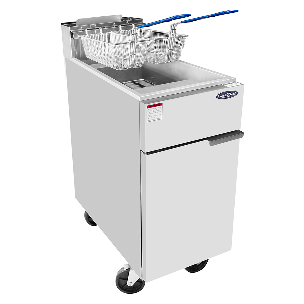 A commercial deep fryer with 40 lb capacity and two metal baskets featuring blue handles. The silver LP gas unit has a front cabinet, is mounted on four black wheels, and displays a CookRite brand label. The background is plain white.