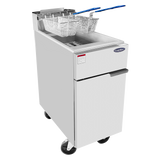 A commercial deep fryer with 40 lb capacity and two metal baskets featuring blue handles. The silver LP gas unit has a front cabinet, is mounted on four black wheels, and displays a CookRite brand label. The background is plain white.