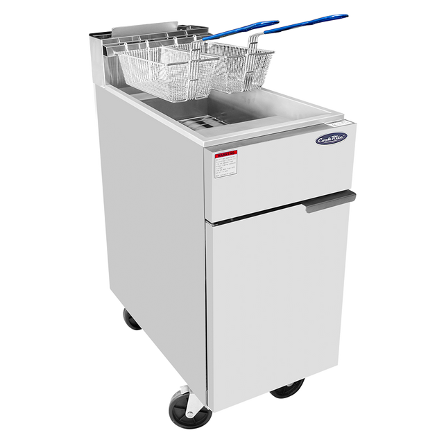 A commercial deep fryer with a white exterior, natural gas operation, two wire fry baskets with blue handles on top, and a lower cabinet door; the 40 lb. capacity fryer stands on four black wheels against a plain white background.
