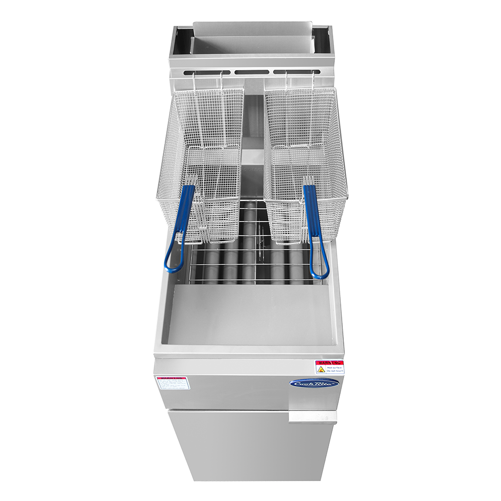 A commercial LP gas deep fryer with two metal frying baskets featuring blue handles, positioned above the silver 40 lb capacity unit. Control panels and safety labels are visible near the top. The fryer is photographed from above against a white background.