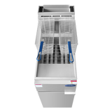 A commercial LP gas deep fryer with two metal frying baskets featuring blue handles, positioned above the silver 40 lb capacity unit. Control panels and safety labels are visible near the top. The fryer is photographed from above against a white background.
