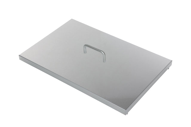 A rectangular stainless steel fryer tank cover with a flat surface and simple, centered handle. This ATFS-50 metal lid features slightly raised edges and a brushed finish, reflecting light for a clean, modern appearance.
