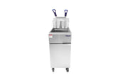 A commercial 50 lb. capacity deep fryer with a stainless steel finish stands on four wheels. Two metal fryer baskets with blue handles rest inside the top compartment above the oil tank. The rectangular appliance features a front door below the control panel.
