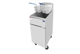 A commercial natural gas deep fryer with a stainless steel body, 50 lb. capacity, two metal fry baskets with blue handles, a front cabinet door, and four caster wheels for mobility, shown on a white background.