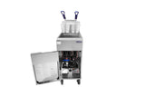 A stainless steel commercial ice cream machine with its front panel open reveals internal components. On top, two stacks of transparent plastic cups and two blue-handled scoops sit—next to a 50 lb. capacity deep fryer—set on wheels against a white background.