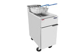 A silver 50 lb. capacity commercial deep fryer with a top oil vat, two metal frying baskets with blue handles, and a front cabinet door; the LP gas unit is on four black caster wheels for mobility.