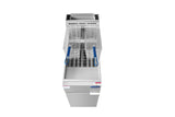 A top-down view of a 50 lb. capacity commercial deep fryer with two metal frying baskets featuring blue handles. The stainless steel deep fryer, powered by natural gas, has visible heating elements and sits against a plain white background.