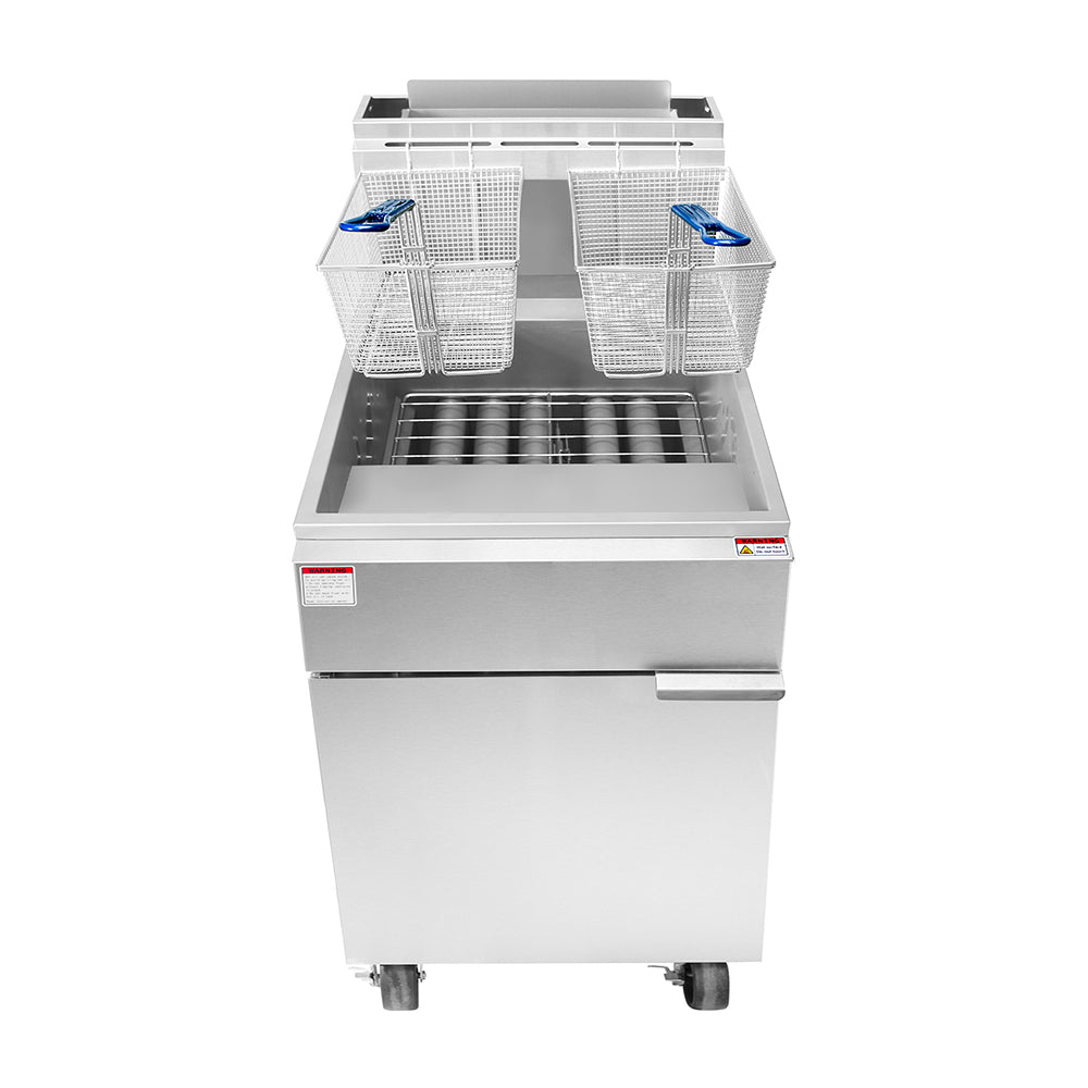 A stainless steel CookRite Fryer with two metal frying baskets, each with a blue heat-resistant handle, sits above the open oil vat. This LP gas fryer features a 75 lb. capacity and a clean, industrial design with wheels and a closed storage cabinet below.