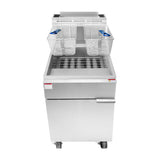 A stainless steel CookRite Fryer with two metal frying baskets, each with a blue heat-resistant handle, sits above the open oil vat. This LP gas fryer features a 75 lb. capacity and a clean, industrial design with wheels and a closed storage cabinet below.